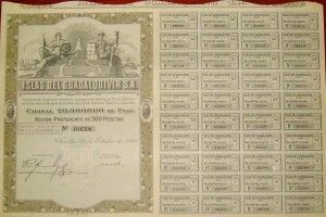 Prentación de una acción, en este caso preferente, con los cupones para el cobro de dividendos